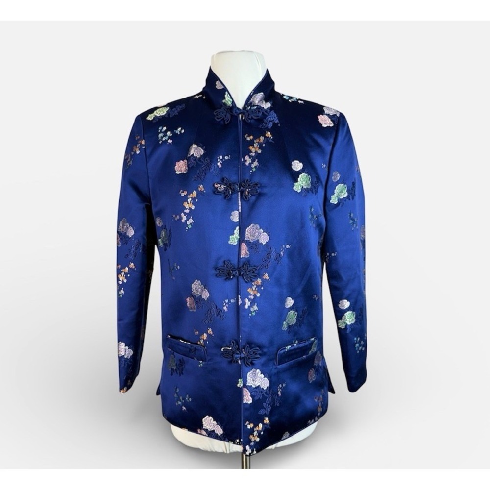 J. Peterman Jacquard Padded Asian Mandarin Collar Tang Satin Jacket In Blue Sz 4